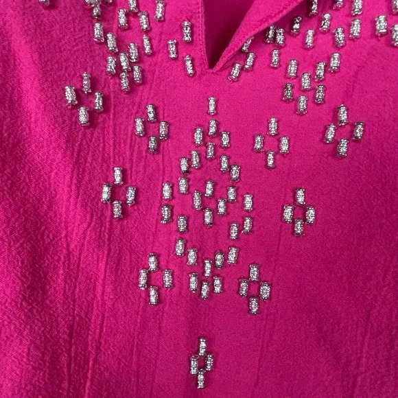 Susan Graver Pink Beaded Top 1X Roll-Tab Sleeve Casual Cotton Coastal Everyday - Picture 3 of 7